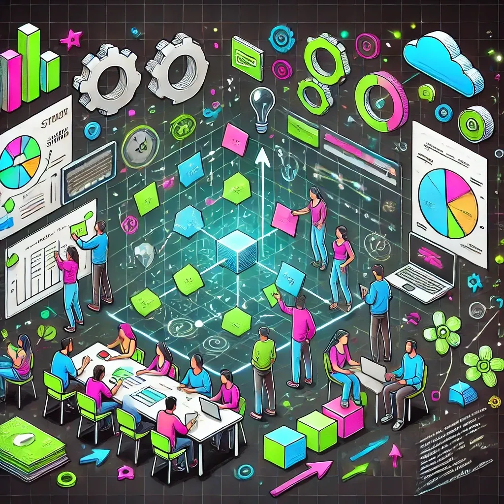 a dynamic Agile setting with developers collaborating and adapting