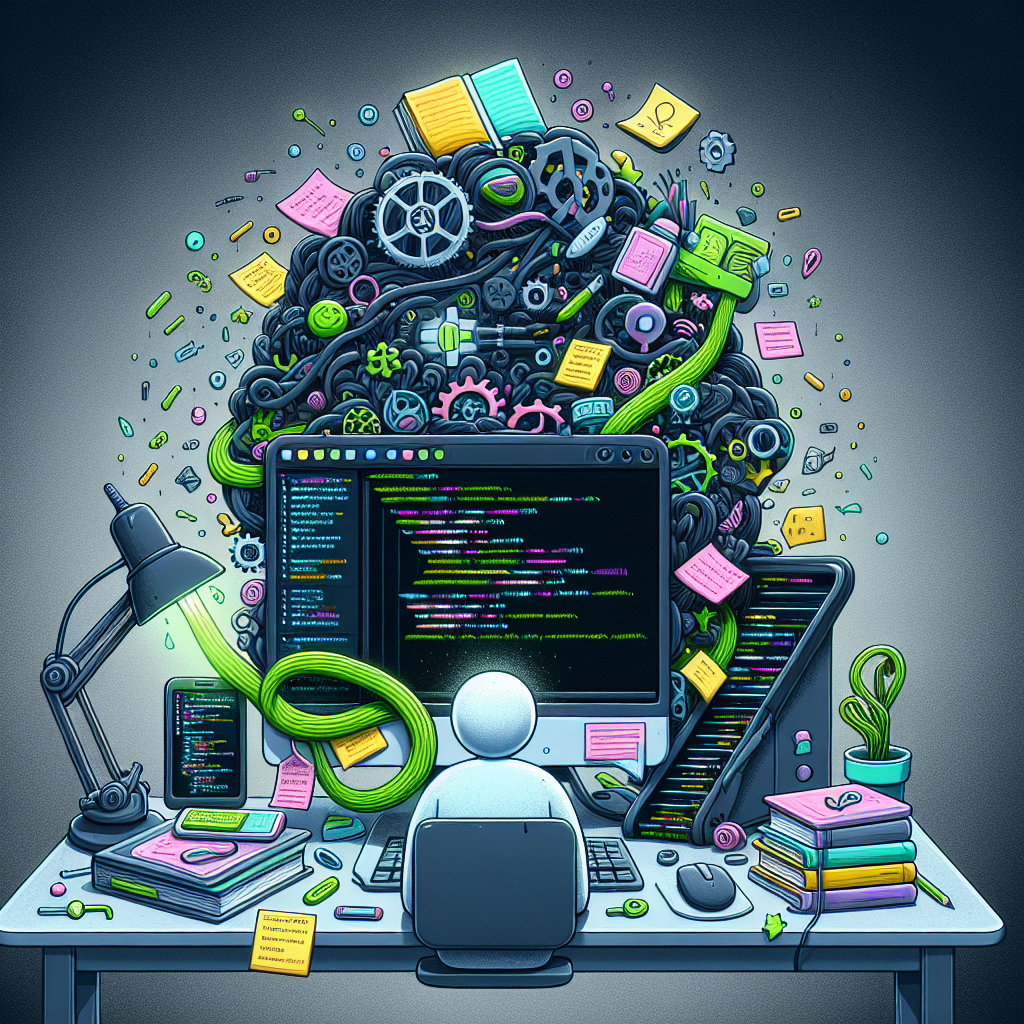 Developer sitting at a desk with a computer. Behind the desk is a tangled mess of wires, electronics, and documentation.