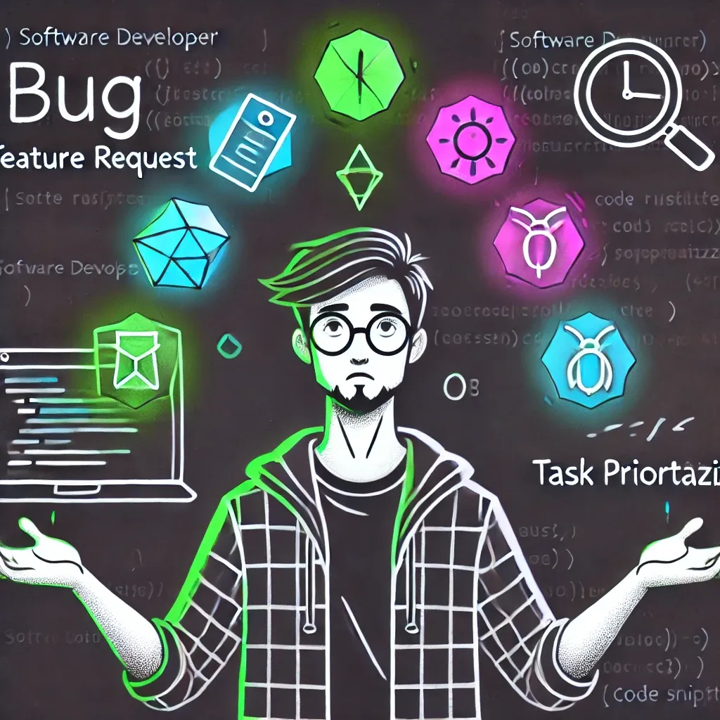 Developer juggling tasks like bugs, features, and deadlines, highlighting the challenge of task prioritization in dev work
