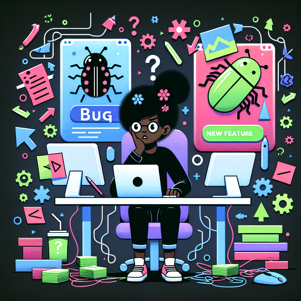 Confused developer at desk with bug and feature on monitors, surrounded by neon doodles of gears, cables, and sticky notes.