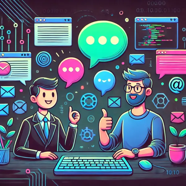 Two cartoon developers communicating: one speaks with a glowing speech bubble, the other gives a thumbs up.