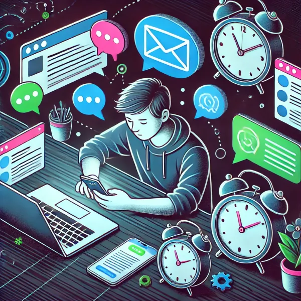 Cartoon developer using multiple devices, with speech bubbles, clocks, and task icons for async work