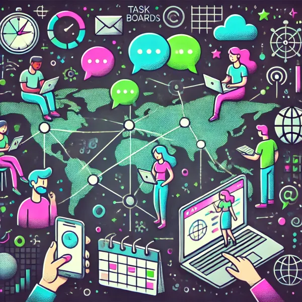 Cartoon devs using devices and task boards, with a world map connecting locations